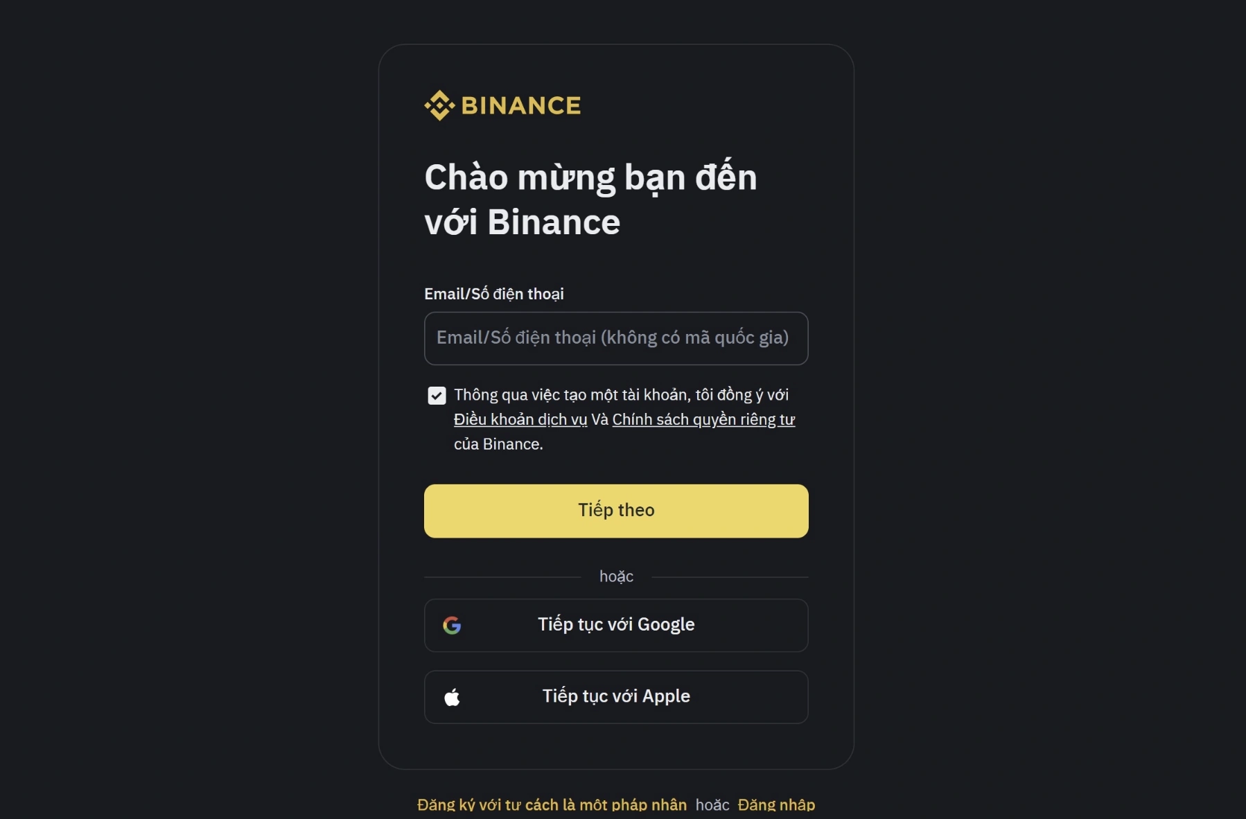 Thực hiện đăng ký tài khoản Binance