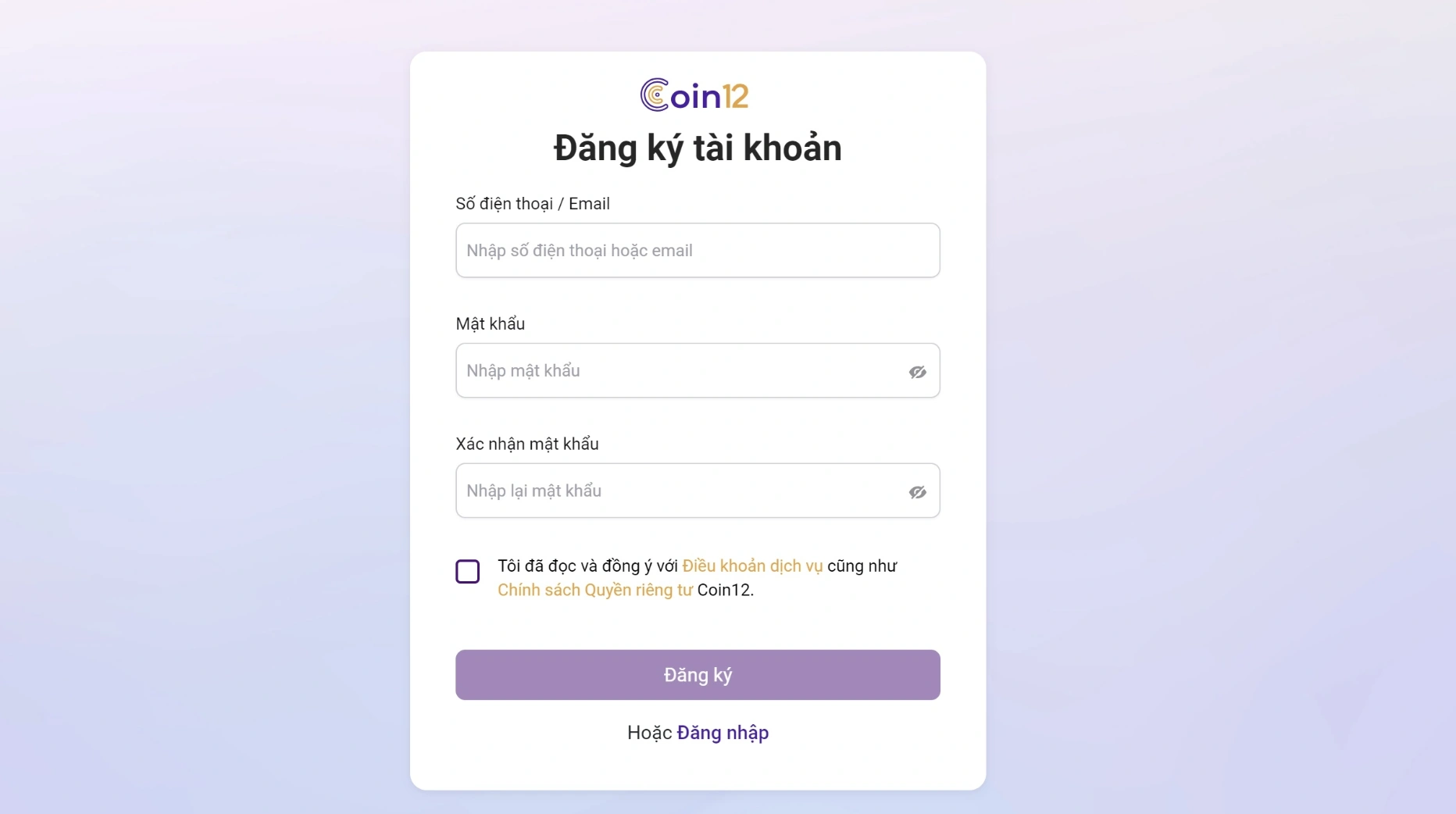 Đăng ký tài khoản Coin12