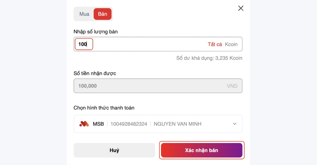 Chọn tab bán: Nhập số lượng cần bán, sau đó chọn hình thức thanh toán và bấm “Xác nhận bán”. Lúc này hệ thống cũng sẽ tự động tìm kiếm và tạo giao dịch bán nếu khớp lệnh. Sau đó tiến hành giao dịch như bình thường.