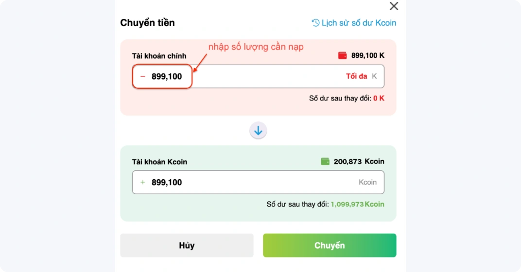 Tại góc phải trên màn hình sẽ hiển thị số Kcoin bạn đang có. Nhấn vào nút này để chuyển đổi giữa số dư trong tài khoản của bạn vào tài khoản Kcoin.